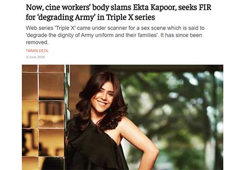 Now, cine workers’ body slams Ekta Kapoor, seeks FIR for ‘degrading Army’ in Triple X series