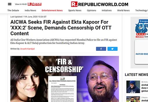 AICWA Seeks FIR Against Ekta Kapoor For 'XXX:2' Scene, Demands Censorship Of OTT Content